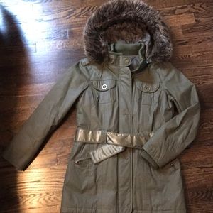 Army green jacket with fur hood.